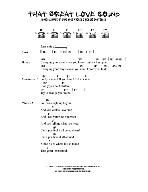 Preview The Raveonettes That Great Love Sound Rock sheet music, notes and chords for Lyrics & Chords, SKU: 40689 sheet music, piano notes, chords, guitar tabs, score, transpose, transcribe, how to play, guide, download, learn, tutorial, progression, song, artist, awards, billboard, mtv, vh1, tour, single, album, release