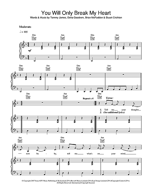 Preview Delta Goodrem You Will Only Break My Heart Australian sheet music, notes and chords for Piano, Vocal & Guitar, SKU: 40691 sheet music, piano notes, chords, guitar tabs, score, transpose, transcribe, how to play, guide, download, learn, tutorial, progression, song, artist, awards, billboard, mtv, vh1, tour, single, album, release