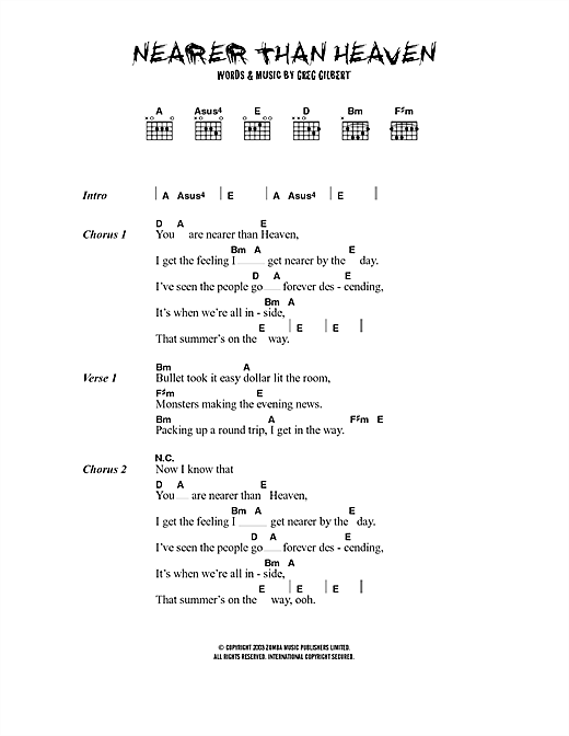 Preview The Delays Nearer Than Heaven Rock sheet music, notes and chords for Lyrics & Chords, SKU: 40693 sheet music, piano notes, chords, guitar tabs, score, transpose, transcribe, how to play, guide, download, learn, tutorial, progression, song, artist, awards, billboard, mtv, vh1, tour, single, album, release