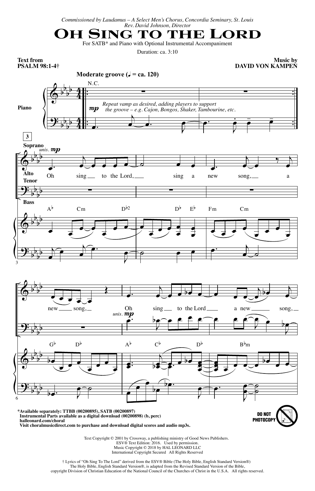Preview David Von Kampen Oh Sing To The Lord Sacred sheet music, notes and chords for SATB Choir, SKU: 406958 sheet music, piano notes, chords, guitar tabs, score, transpose, transcribe, how to play, guide, download, learn, tutorial, progression, song, artist, awards, billboard, mtv, vh1, tour, single, album, release