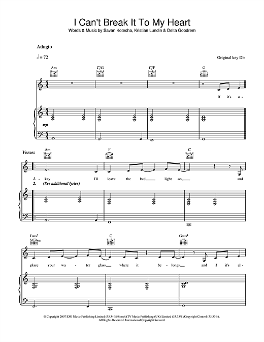 Preview Delta Goodrem I Can't Break It To My Heart Australian sheet music, notes and chords for Piano, Vocal & Guitar, SKU: 40696 sheet music, piano notes, chords, guitar tabs, score, transpose, transcribe, how to play, guide, download, learn, tutorial, progression, song, artist, awards, billboard, mtv, vh1, tour, single, album, release