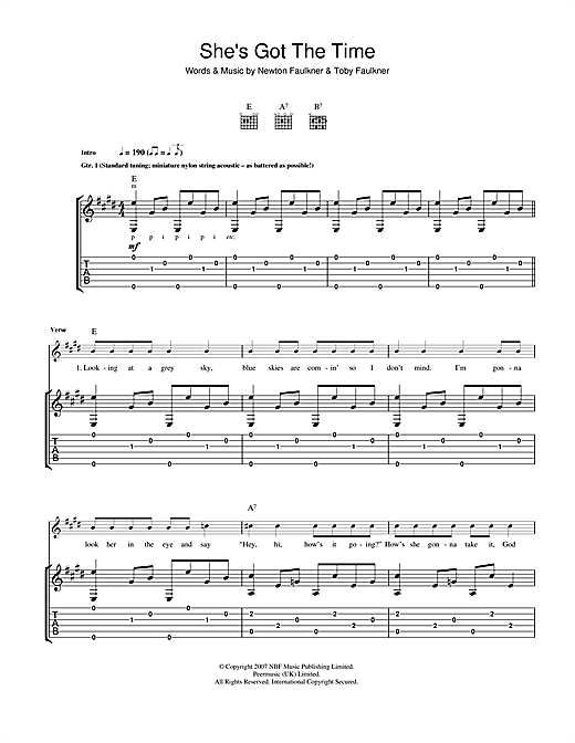 Preview Newton Faulkner She's Got The Time Pop sheet music, notes and chords for Guitar Tab, SKU: 40706 sheet music, piano notes, chords, guitar tabs, score, transpose, transcribe, how to play, guide, download, learn, tutorial, progression, song, artist, awards, billboard, mtv, vh1, tour, single, album, release