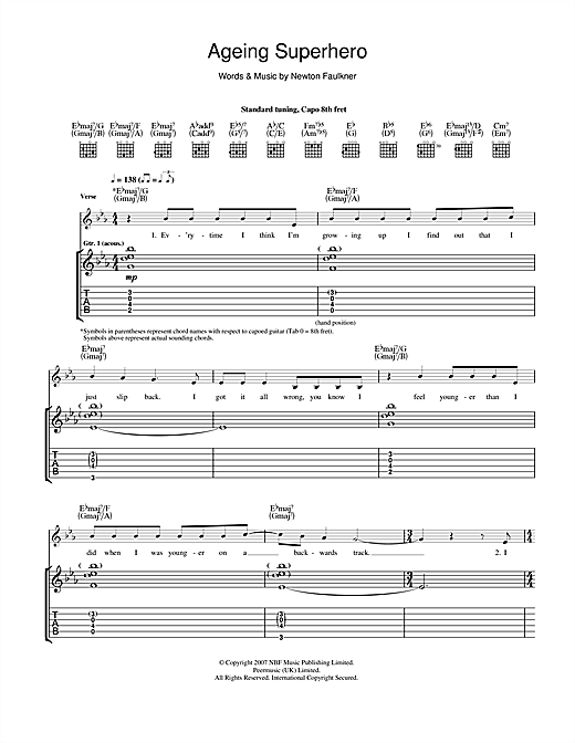 Preview Newton Faulkner Ageing Superhero Pop sheet music, notes and chords for Guitar Tab, SKU: 40710 sheet music, piano notes, chords, guitar tabs, score, transpose, transcribe, how to play, guide, download, learn, tutorial, progression, song, artist, awards, billboard, mtv, vh1, tour, single, album, release