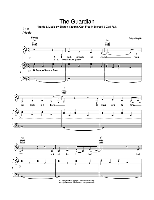 Preview Delta Goodrem The Guardian Australian sheet music, notes and chords for Piano, Vocal & Guitar, SKU: 40717 sheet music, piano notes, chords, guitar tabs, score, transpose, transcribe, how to play, guide, download, learn, tutorial, progression, song, artist, awards, billboard, mtv, vh1, tour, single, album, release