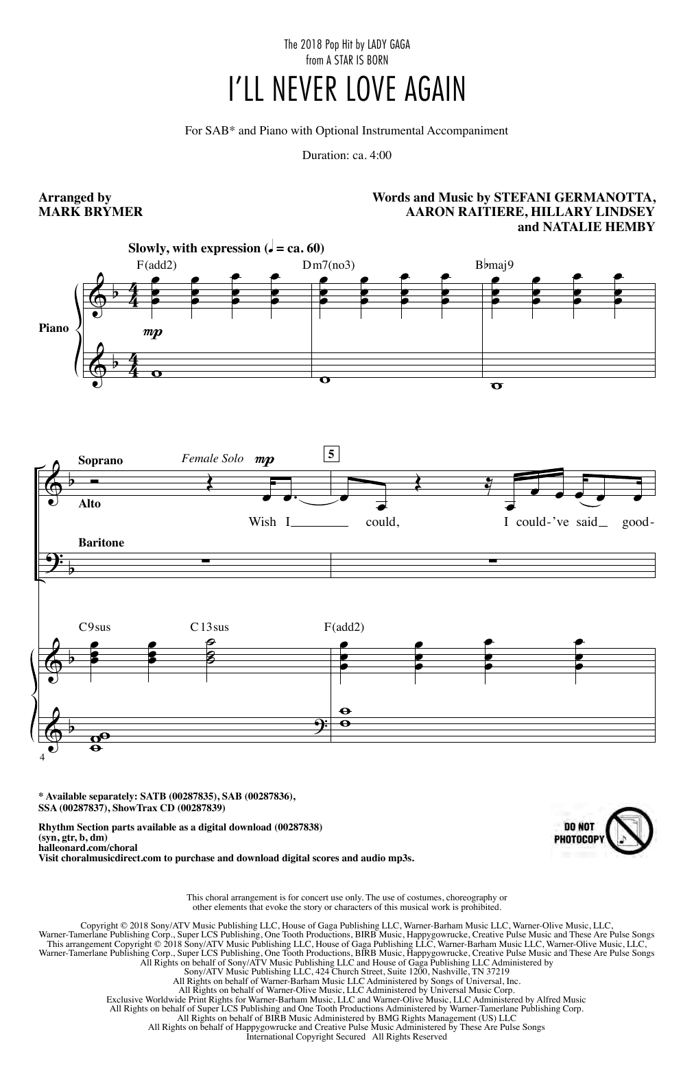Preview Lady Gaga I'll Never Love Again (from A Star Is Born) (arr. Mark Brymer) Film/TV sheet music, notes and chords for SAB Choir, SKU: 407206 sheet music, piano notes, chords, guitar tabs, score, transpose, transcribe, how to play, guide, download, learn, tutorial, progression, song, artist, awards, billboard, mtv, vh1, tour, single, album, release