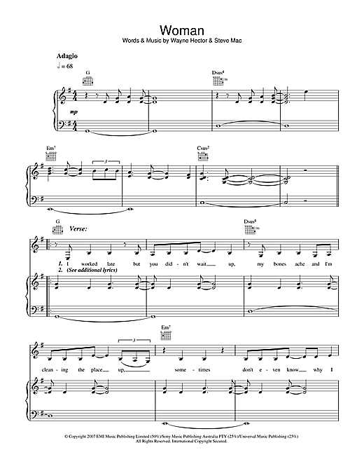 Preview Delta Goodrem Woman Australian sheet music, notes and chords for Piano, Vocal & Guitar, SKU: 40728 sheet music, piano notes, chords, guitar tabs, score, transpose, transcribe, how to play, guide, download, learn, tutorial, progression, song, artist, awards, billboard, mtv, vh1, tour, single, album, release