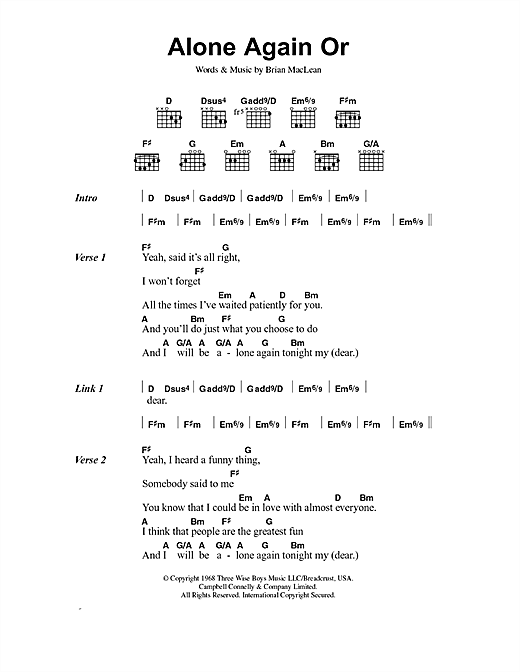 Preview Love Alone Again Or Rock sheet music, notes and chords for Lyrics & Chords, SKU: 40737 sheet music, piano notes, chords, guitar tabs, score, transpose, transcribe, how to play, guide, download, learn, tutorial, progression, song, artist, awards, billboard, mtv, vh1, tour, single, album, release