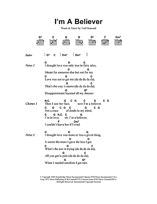 Preview The Monkees I'm A Believer Rock sheet music, notes and chords for Lyrics & Chords, SKU: 40741 sheet music, piano notes, chords, guitar tabs, score, transpose, transcribe, how to play, guide, download, learn, tutorial, progression, song, artist, awards, billboard, mtv, vh1, tour, single, album, release