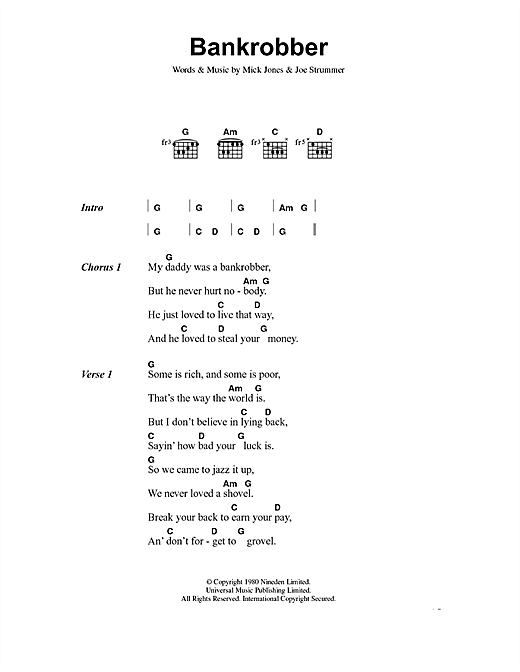 Preview The Clash Bankrobber Rock sheet music, notes and chords for Lyrics & Chords, SKU: 40746 sheet music, piano notes, chords, guitar tabs, score, transpose, transcribe, how to play, guide, download, learn, tutorial, progression, song, artist, awards, billboard, mtv, vh1, tour, single, album, release