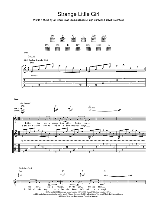 Preview The Stranglers Strange Little Girl Rock sheet music, notes and chords for Guitar Tab, SKU: 40759 sheet music, piano notes, chords, guitar tabs, score, transpose, transcribe, how to play, guide, download, learn, tutorial, progression, song, artist, awards, billboard, mtv, vh1, tour, single, album, release