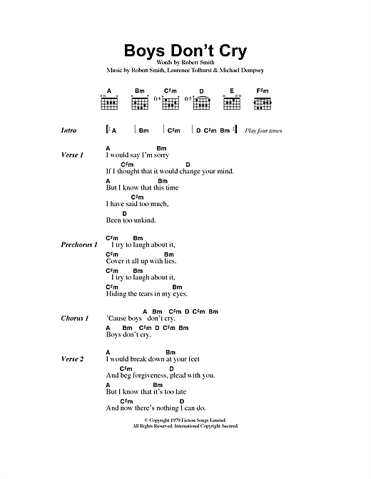 Preview The Cure Boys Don't Cry Rock sheet music, notes and chords for Lyrics & Chords, SKU: 40760 sheet music, piano notes, chords, guitar tabs, score, transpose, transcribe, how to play, guide, download, learn, tutorial, progression, song, artist, awards, billboard, mtv, vh1, tour, single, album, release