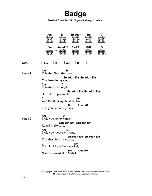 Preview Eric Clapton Badge Rock sheet music, notes and chords for Lyrics & Chords, SKU: 40764 sheet music, piano notes, chords, guitar tabs, score, transpose, transcribe, how to play, guide, download, learn, tutorial, progression, song, artist, awards, billboard, mtv, vh1, tour, single, album, release