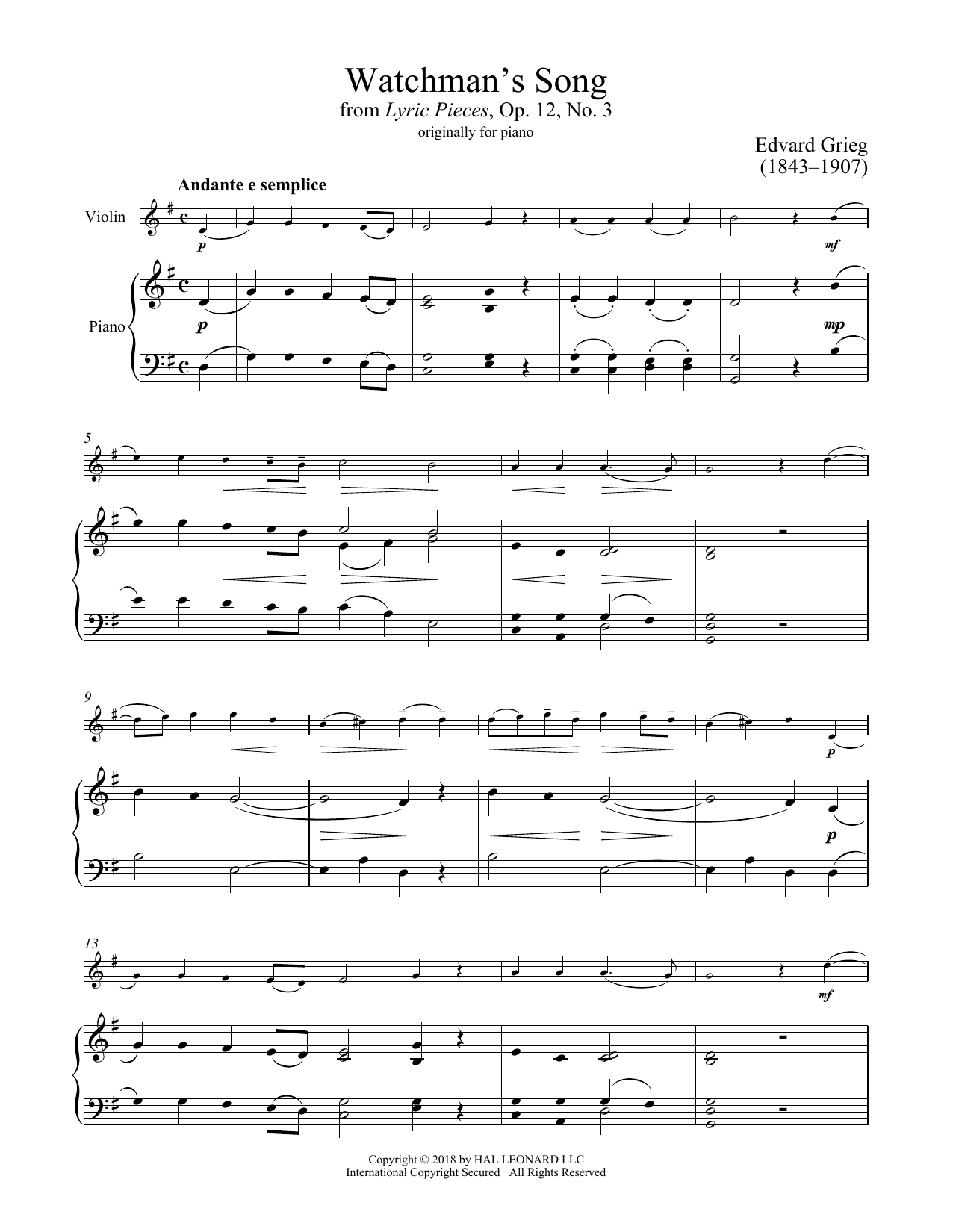 Preview Edvard Grieg Watchman's Song, Op. 12, No. 3 Classical sheet music, notes and chords for Violin and Piano, SKU: 407660 sheet music, piano notes, chords, guitar tabs, score, transpose, transcribe, how to play, guide, download, learn, tutorial, progression, song, artist, awards, billboard, mtv, vh1, tour, single, album, release