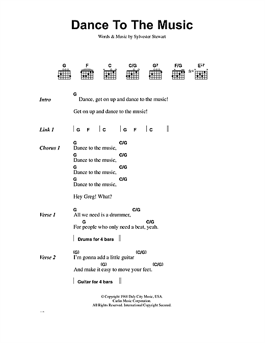 Preview Sly & The Family Stone Dance To The Music Rock sheet music, notes and chords for Lyrics & Chords, SKU: 40766 sheet music, piano notes, chords, guitar tabs, score, transpose, transcribe, how to play, guide, download, learn, tutorial, progression, song, artist, awards, billboard, mtv, vh1, tour, single, album, release