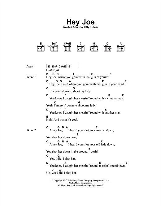 Preview Jimi Hendrix Hey Joe Rock sheet music, notes and chords for Lyrics & Chords, SKU: 40771 sheet music, piano notes, chords, guitar tabs, score, transpose, transcribe, how to play, guide, download, learn, tutorial, progression, song, artist, awards, billboard, mtv, vh1, tour, single, album, release