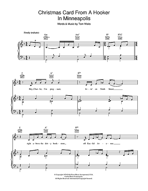 Preview Tom Waits Christmas Card From A Hooker In Minneapolis Rock sheet music, notes and chords for Piano, Vocal & Guitar, SKU: 40777 sheet music, piano notes, chords, guitar tabs, score, transpose, transcribe, how to play, guide, download, learn, tutorial, progression, song, artist, awards, billboard, mtv, vh1, tour, single, album, release