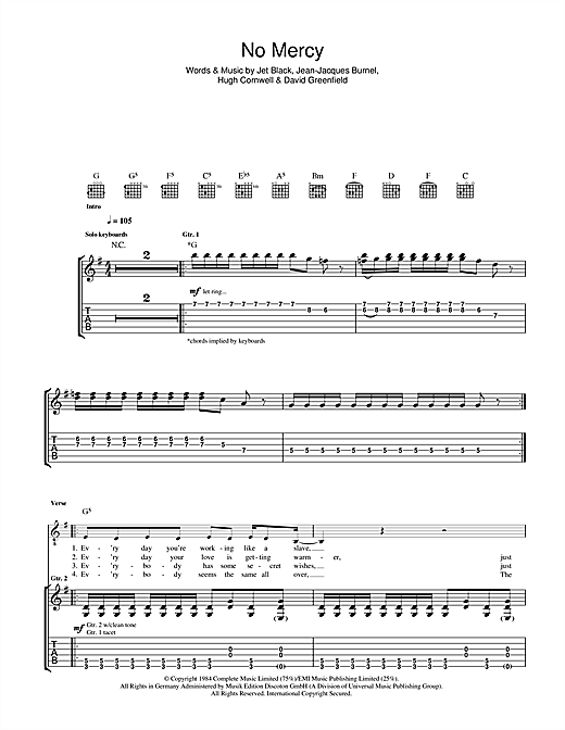 Preview The Stranglers No Mercy Rock sheet music, notes and chords for Guitar Tab, SKU: 40779 sheet music, piano notes, chords, guitar tabs, score, transpose, transcribe, how to play, guide, download, learn, tutorial, progression, song, artist, awards, billboard, mtv, vh1, tour, single, album, release
