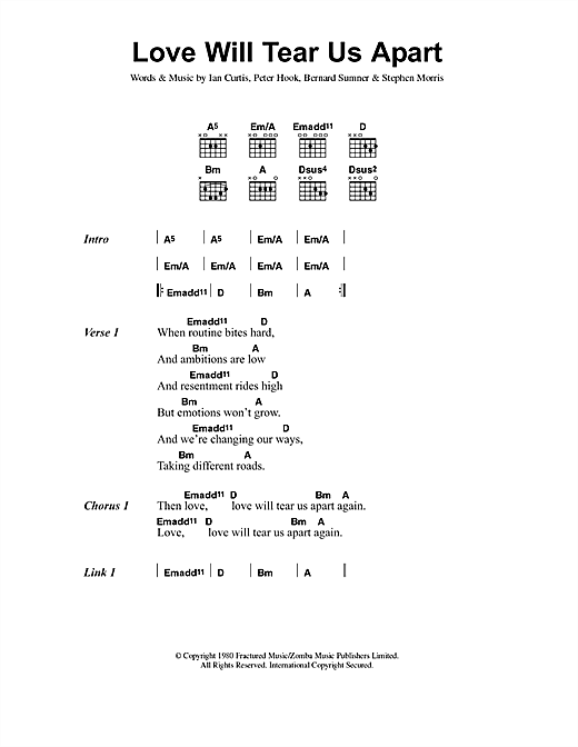 Preview Joy Division Love Will Tear Us Apart Rock sheet music, notes and chords for Lyrics & Chords, SKU: 40781 sheet music, piano notes, chords, guitar tabs, score, transpose, transcribe, how to play, guide, download, learn, tutorial, progression, song, artist, awards, billboard, mtv, vh1, tour, single, album, release