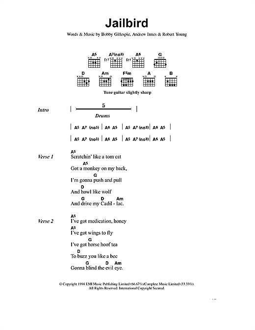 Preview Primal Scream Jailbird Rock sheet music, notes and chords for Lyrics & Chords, SKU: 40788 sheet music, piano notes, chords, guitar tabs, score, transpose, transcribe, how to play, guide, download, learn, tutorial, progression, song, artist, awards, billboard, mtv, vh1, tour, single, album, release