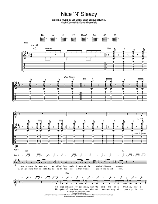 Preview The Stranglers Nice 'N' Sleazy Rock sheet music, notes and chords for Guitar Tab, SKU: 40790 sheet music, piano notes, chords, guitar tabs, score, transpose, transcribe, how to play, guide, download, learn, tutorial, progression, song, artist, awards, billboard, mtv, vh1, tour, single, album, release