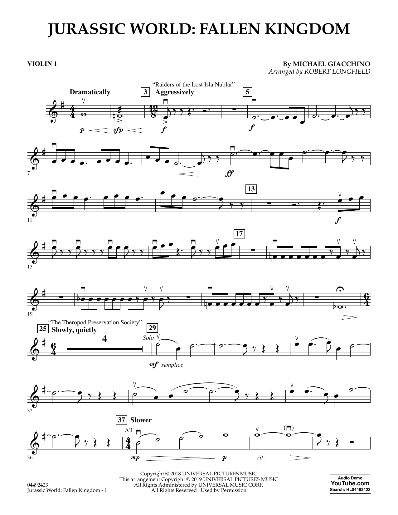 Preview Michael Giacchino Jurassic World: Fallen Kingdom (arr. Robert Longfield) - Violin 1 Classical sheet music, notes and chords for Orchestra, SKU: 407928 sheet music, piano notes, chords, guitar tabs, score, transpose, transcribe, how to play, guide, download, learn, tutorial, progression, song, artist, awards, billboard, mtv, vh1, tour, single, album, release