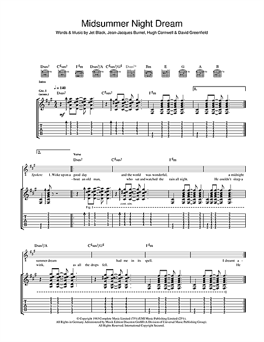 Preview The Stranglers Midnight Summer Dream Rock sheet music, notes and chords for Guitar Tab, SKU: 40795 sheet music, piano notes, chords, guitar tabs, score, transpose, transcribe, how to play, guide, download, learn, tutorial, progression, song, artist, awards, billboard, mtv, vh1, tour, single, album, release
