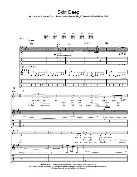 Preview The Stranglers Skin Deep Rock sheet music, notes and chords for Guitar Tab, SKU: 40796 sheet music, piano notes, chords, guitar tabs, score, transpose, transcribe, how to play, guide, download, learn, tutorial, progression, song, artist, awards, billboard, mtv, vh1, tour, single, album, release