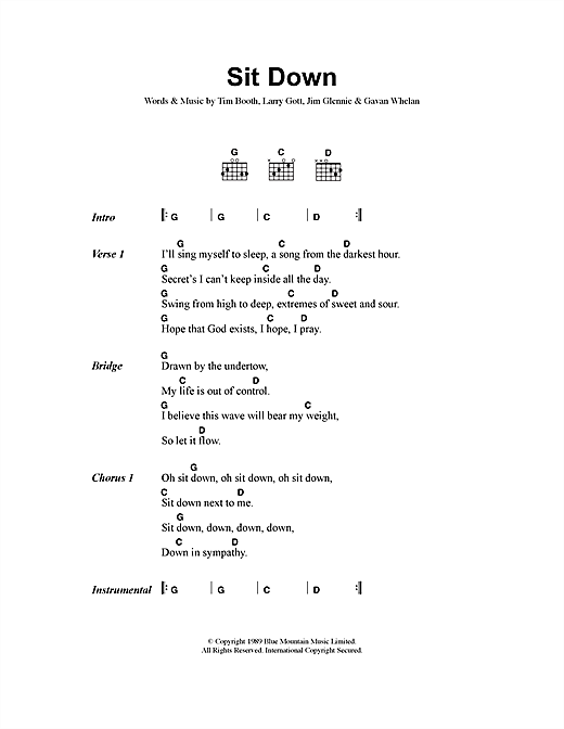 Preview James Sit Down Rock sheet music, notes and chords for Lyrics & Chords, SKU: 40805 sheet music, piano notes, chords, guitar tabs, score, transpose, transcribe, how to play, guide, download, learn, tutorial, progression, song, artist, awards, billboard, mtv, vh1, tour, single, album, release