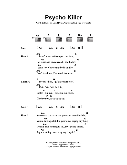 Preview Talking Heads Psycho Killer Rock sheet music, notes and chords for Lyrics & Chords, SKU: 40806 sheet music, piano notes, chords, guitar tabs, score, transpose, transcribe, how to play, guide, download, learn, tutorial, progression, song, artist, awards, billboard, mtv, vh1, tour, single, album, release