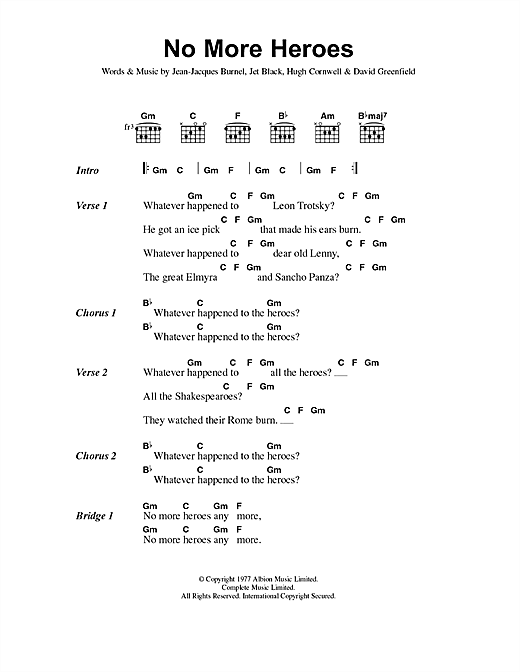 Preview The Stranglers No More Heroes Rock sheet music, notes and chords for Lyrics & Chords, SKU: 40811 sheet music, piano notes, chords, guitar tabs, score, transpose, transcribe, how to play, guide, download, learn, tutorial, progression, song, artist, awards, billboard, mtv, vh1, tour, single, album, release