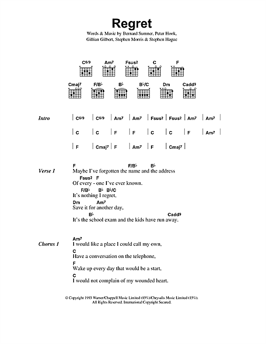 Preview New Order Regret Rock sheet music, notes and chords for Lyrics & Chords, SKU: 40819 sheet music, piano notes, chords, guitar tabs, score, transpose, transcribe, how to play, guide, download, learn, tutorial, progression, song, artist, awards, billboard, mtv, vh1, tour, single, album, release