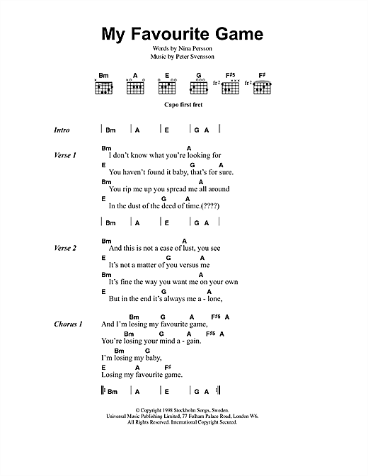 Preview The Cardigans My Favourite Game Pop sheet music, notes and chords for Lyrics & Chords, SKU: 40820 sheet music, piano notes, chords, guitar tabs, score, transpose, transcribe, how to play, guide, download, learn, tutorial, progression, song, artist, awards, billboard, mtv, vh1, tour, single, album, release
