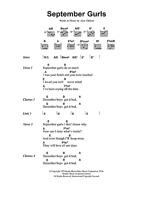 Preview Big Star September Gurls Pop sheet music, notes and chords for Lyrics & Chords, SKU: 40821 sheet music, piano notes, chords, guitar tabs, score, transpose, transcribe, how to play, guide, download, learn, tutorial, progression, song, artist, awards, billboard, mtv, vh1, tour, single, album, release