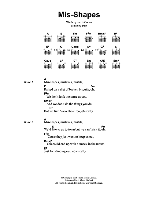 Preview Pulp Mis-shapes Rock sheet music, notes and chords for Lyrics & Chords, SKU: 40824 sheet music, piano notes, chords, guitar tabs, score, transpose, transcribe, how to play, guide, download, learn, tutorial, progression, song, artist, awards, billboard, mtv, vh1, tour, single, album, release