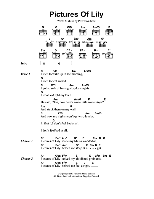 Preview The Who Pictures Of Lily Rock sheet music, notes and chords for Lyrics & Chords, SKU: 40825 sheet music, piano notes, chords, guitar tabs, score, transpose, transcribe, how to play, guide, download, learn, tutorial, progression, song, artist, awards, billboard, mtv, vh1, tour, single, album, release