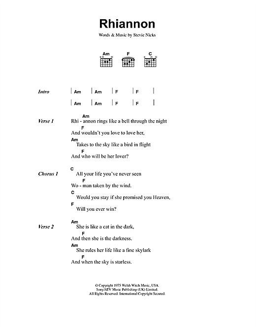 Preview Fleetwood Mac Rhiannon Rock sheet music, notes and chords for Lyrics & Chords, SKU: 40828 sheet music, piano notes, chords, guitar tabs, score, transpose, transcribe, how to play, guide, download, learn, tutorial, progression, song, artist, awards, billboard, mtv, vh1, tour, single, album, release