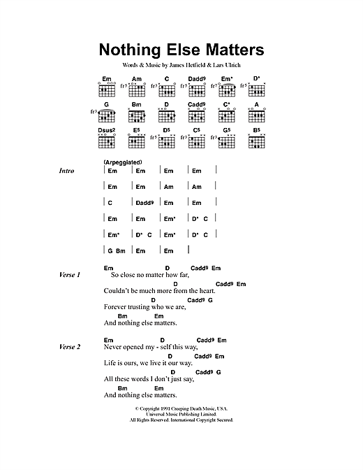 Preview Metallica Nothing Else Matters Rock sheet music, notes and chords for Lyrics & Chords, SKU: 40830 sheet music, piano notes, chords, guitar tabs, score, transpose, transcribe, how to play, guide, download, learn, tutorial, progression, song, artist, awards, billboard, mtv, vh1, tour, single, album, release