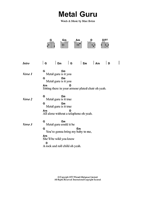 Preview T. Rex Metal Guru Rock sheet music, notes and chords for Lyrics & Chords, SKU: 40831 sheet music, piano notes, chords, guitar tabs, score, transpose, transcribe, how to play, guide, download, learn, tutorial, progression, song, artist, awards, billboard, mtv, vh1, tour, single, album, release
