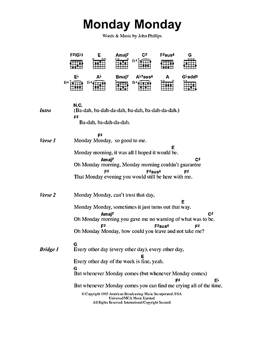 Preview The Mamas & The Papas Monday Monday Pop sheet music, notes and chords for Lyrics & Chords, SKU: 40832 sheet music, piano notes, chords, guitar tabs, score, transpose, transcribe, how to play, guide, download, learn, tutorial, progression, song, artist, awards, billboard, mtv, vh1, tour, single, album, release