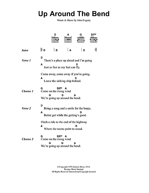 Preview Creedence Clearwater Revival Up Around The Bend Rock sheet music, notes and chords for Lyrics & Chords, SKU: 40836 sheet music, piano notes, chords, guitar tabs, score, transpose, transcribe, how to play, guide, download, learn, tutorial, progression, song, artist, awards, billboard, mtv, vh1, tour, single, album, release