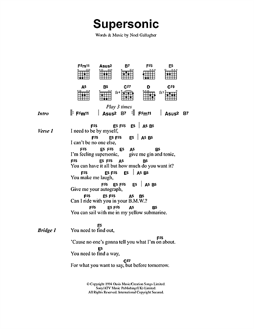 Preview Oasis Supersonic Rock sheet music, notes and chords for Lyrics & Chords, SKU: 40837 sheet music, piano notes, chords, guitar tabs, score, transpose, transcribe, how to play, guide, download, learn, tutorial, progression, song, artist, awards, billboard, mtv, vh1, tour, single, album, release