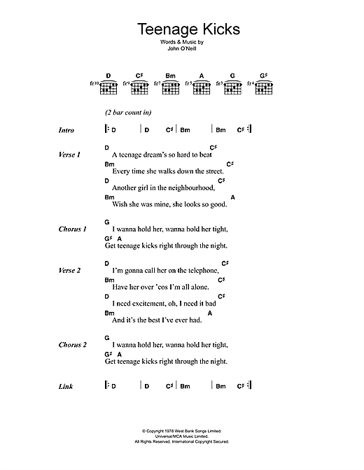 Preview The Undertones Teenage Kicks Rock sheet music, notes and chords for Lyrics & Chords, SKU: 40840 sheet music, piano notes, chords, guitar tabs, score, transpose, transcribe, how to play, guide, download, learn, tutorial, progression, song, artist, awards, billboard, mtv, vh1, tour, single, album, release