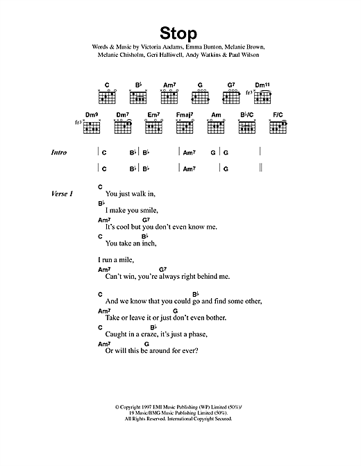 Preview The Spice Girls Stop Pop sheet music, notes and chords for Lyrics & Chords, SKU: 40844 sheet music, piano notes, chords, guitar tabs, score, transpose, transcribe, how to play, guide, download, learn, tutorial, progression, song, artist, awards, billboard, mtv, vh1, tour, single, album, release