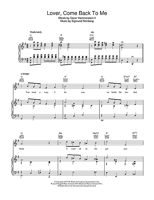 Preview Sigmund Romberg Lover, Come Back To Me Easy Listening sheet music, notes and chords for Piano, Vocal & Guitar (Right-Hand Melody), SKU: 40845 sheet music, piano notes, chords, guitar tabs, score, transpose, transcribe, how to play, guide, download, learn, tutorial, progression, song, artist, awards, billboard, mtv, vh1, tour, single, album, release
