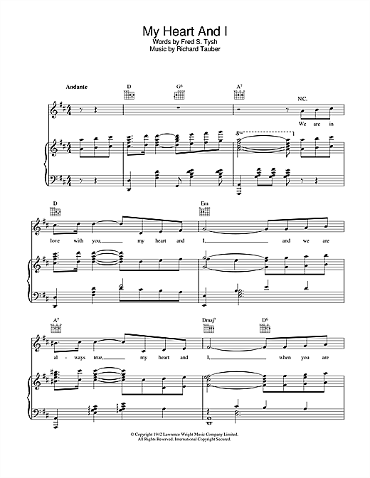 Preview Richard Tauber My Heart And I Easy Listening sheet music, notes and chords for Piano, Vocal & Guitar (Right-Hand Melody), SKU: 40852 sheet music, piano notes, chords, guitar tabs, score, transpose, transcribe, how to play, guide, download, learn, tutorial, progression, song, artist, awards, billboard, mtv, vh1, tour, single, album, release