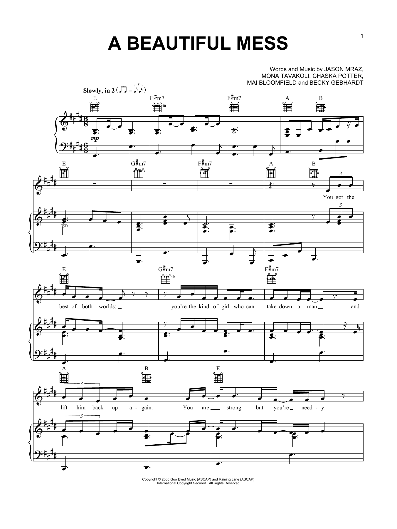 Preview Jason Mraz A Beautiful Mess Pop sheet music, notes and chords for Piano, Vocal & Guitar (Right-Hand Melody), SKU: 408540 sheet music, piano notes, chords, guitar tabs, score, transpose, transcribe, how to play, guide, download, learn, tutorial, progression, song, artist, awards, billboard, mtv, vh1, tour, single, album, release