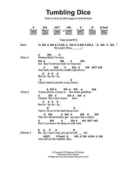 Preview The Rolling Stones Tumbling Dice Rock sheet music, notes and chords for Lyrics & Chords, SKU: 40857 sheet music, piano notes, chords, guitar tabs, score, transpose, transcribe, how to play, guide, download, learn, tutorial, progression, song, artist, awards, billboard, mtv, vh1, tour, single, album, release