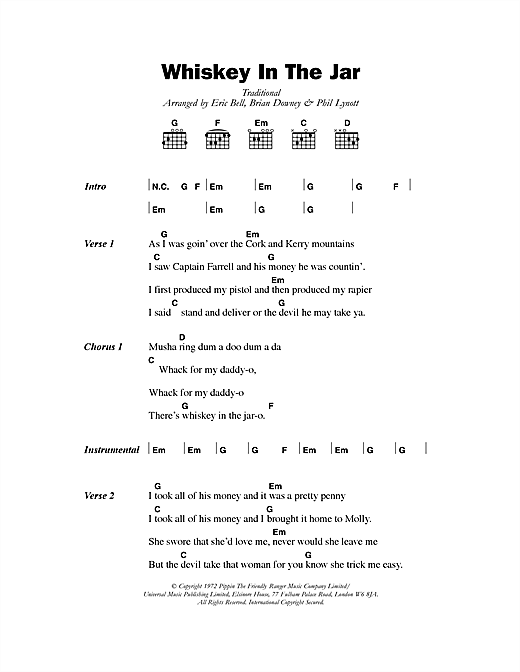 Preview Thin Lizzy Whiskey In The Jar Rock sheet music, notes and chords for Lyrics & Chords, SKU: 40859 sheet music, piano notes, chords, guitar tabs, score, transpose, transcribe, how to play, guide, download, learn, tutorial, progression, song, artist, awards, billboard, mtv, vh1, tour, single, album, release