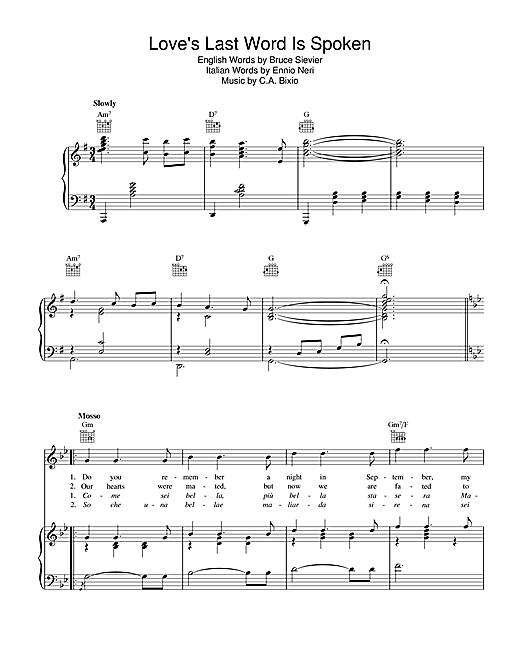 Preview Cesare Bixio Love's Last Word Is Spoken Easy Listening sheet music, notes and chords for Piano, Vocal & Guitar (Right-Hand Melody), SKU: 40860 sheet music, piano notes, chords, guitar tabs, score, transpose, transcribe, how to play, guide, download, learn, tutorial, progression, song, artist, awards, billboard, mtv, vh1, tour, single, album, release