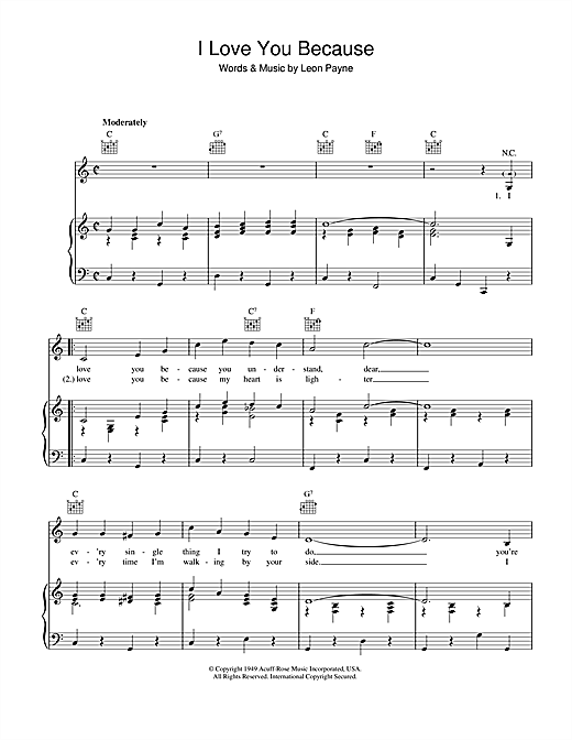 Preview Leon Payne I Love You Because Easy Listening sheet music, notes and chords for Piano, Vocal & Guitar (Right-Hand Melody), SKU: 40862 sheet music, piano notes, chords, guitar tabs, score, transpose, transcribe, how to play, guide, download, learn, tutorial, progression, song, artist, awards, billboard, mtv, vh1, tour, single, album, release
